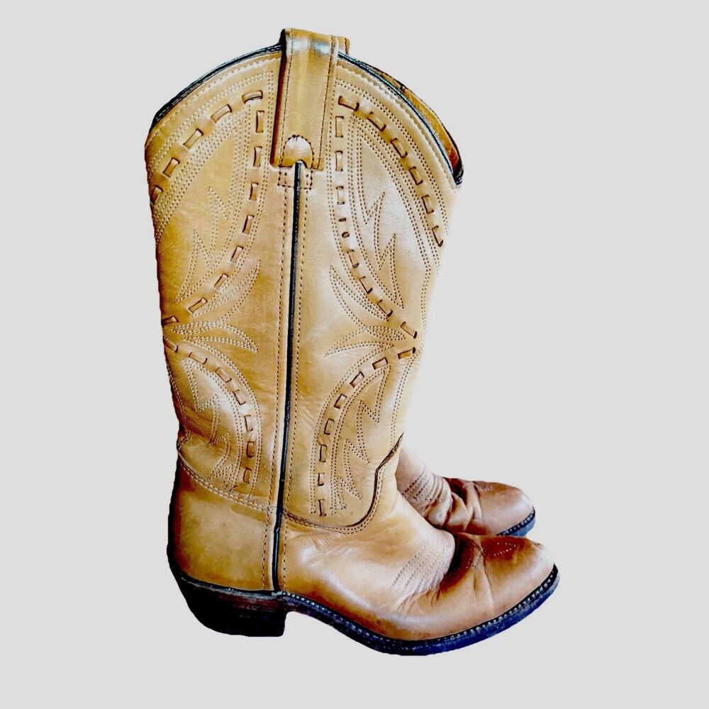 Vtg Double H Western Cowboy Boots Womens 6 B‎ Light Brown Leather Woven 5170